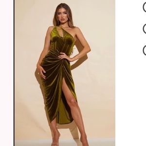 green velvet off the shoulder evening dress.